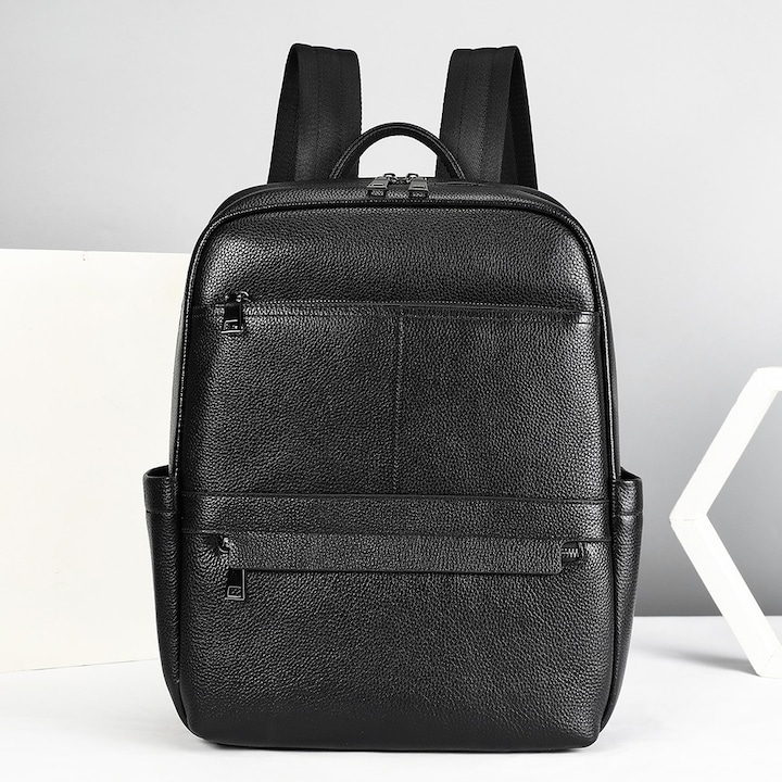 Férfi Bőr Hátizsák, IMODIX, 15.6 hüvelykes Laptop Rekesz, Nagyon Tágas, Több Zseb, Trolley Pánt, 39x30x14 cm, 2352-es Modell, Fekete