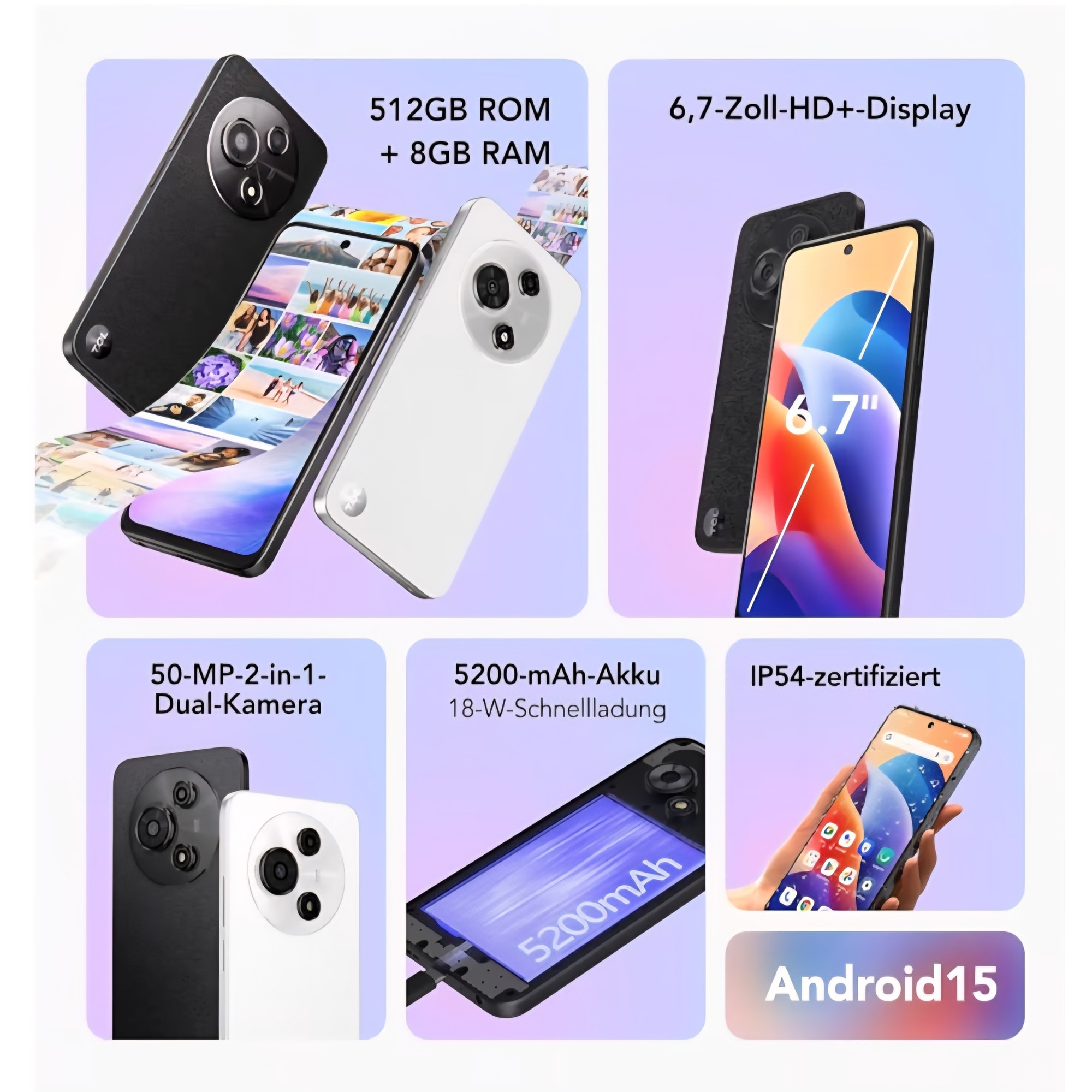 Telefon mobil TCL 60 SE, Dual SIM, ecran 6, 7” HD+, 8 GB RAM + 512 GB stocare, camera duala 50 MP, baterie 5200 mAh, Android 15, difuzoare stereo, deblocat, Blizzard White