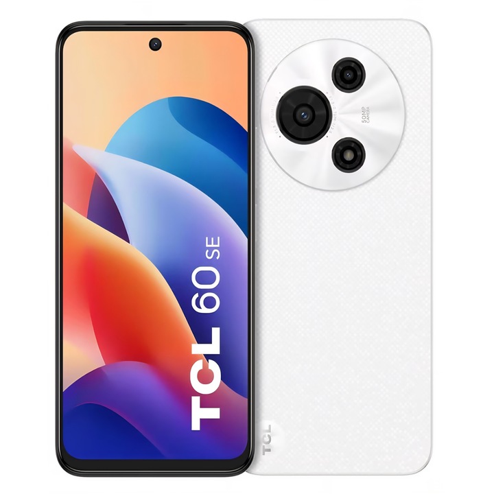 Telefon mobil TCL 60 SE, Dual SIM, ecran 6, 7” HD+, 8 GB RAM + 512 GB stocare, camera duala 50 MP, baterie 5200 mAh, Android 15, difuzoare stereo, deblocat, Blizzard White