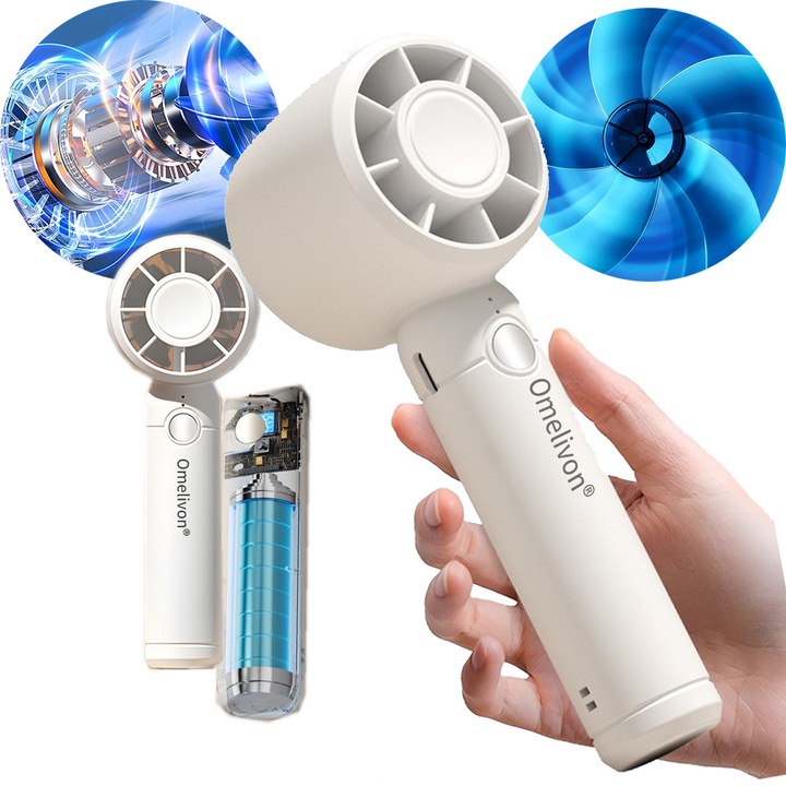 Ventilator de mână, Omelivon, portabil, 3 trepte de viteză, alb