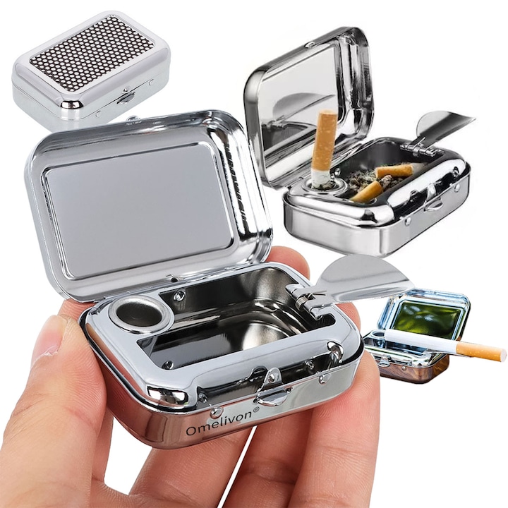Scrumiera portabila cu capac, accesorii de fum pentru barbati, otel inoxidabil, pentru exterior, interior, Portabila pentru Masina si Buzunar, Previne Dispersia Cenuzii si Mirosurilor