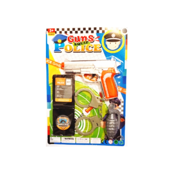Set accesorii politie, Pistol, Cartuse, insigna, grenada, multicolor