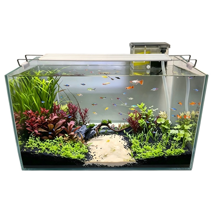 Set complet acvariu 30cm din sticla super transparenta, cu pompa silentioasa si filtrare