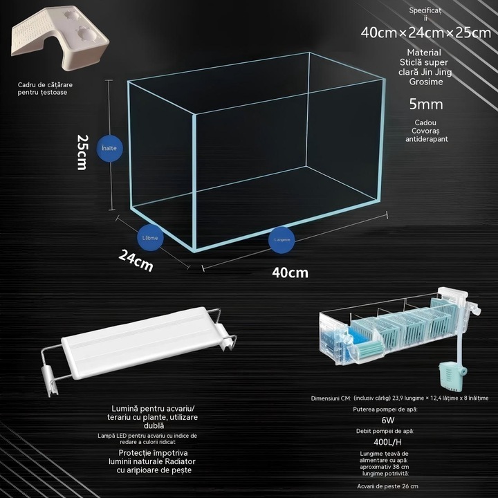 Set complet acvariu 40cm din sticla super transparenta, cu pompa silentioasa si filtrare