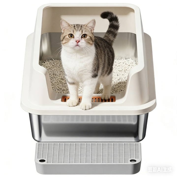 Set Complet Litiera Inalta Antiraspandire, Otel Inoxidabil Usor de Curatat, Include Mata & Accesorii, 60x40x27cm, alba