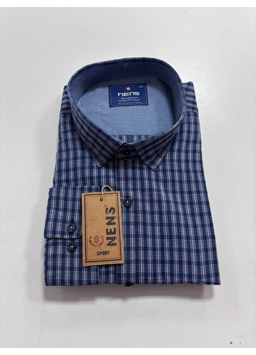 Camasa cu maneca lunga pentru barbati, Regular fit, Nens, Model cu carouri-2020, Gri/Bleumarin