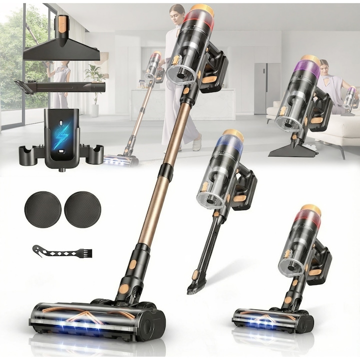 Aspirator vertical fara fir 2 In 1, Folixs®, Brushless, 600W, 50 kPa, 70 Minute Autonomie, filtrare HEPA 99.9%, ecran LED, 3 moduri, perie cu iluminare LED, Recipient praf 1.8L, Aspirator Vertical Sau de Mana, Auriu