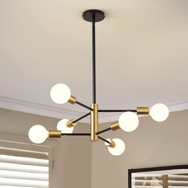 Lustra moderna, 6 Capete, Candelabru, Inaltime reglabila, Corp de iluminat modern Sputnik, Lampa de tavan semi-incastrata, Pentru dormitor bucatarie hol intrare birou, Negru Auriu