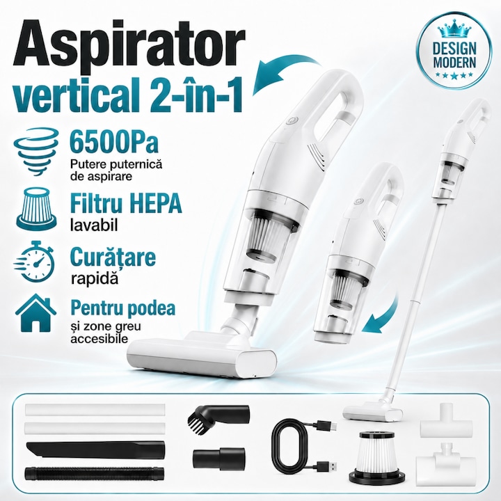 Aspirator vertical 2-in-1 AjieQaQ, 6500PA, filtru HEPA lavabil, alb, 12x38cm