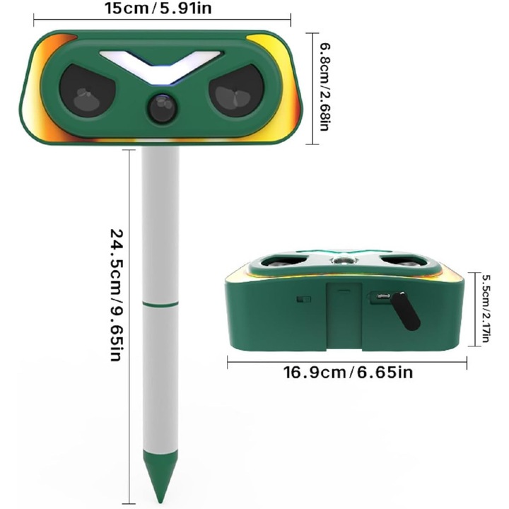 Ултразвуково устройство за прогонване на животни Bedee за открито, слънчево зареждане + USB резервно захранване, обхват на засичане 10M, ъгъл 110°, универсално за дом/градина