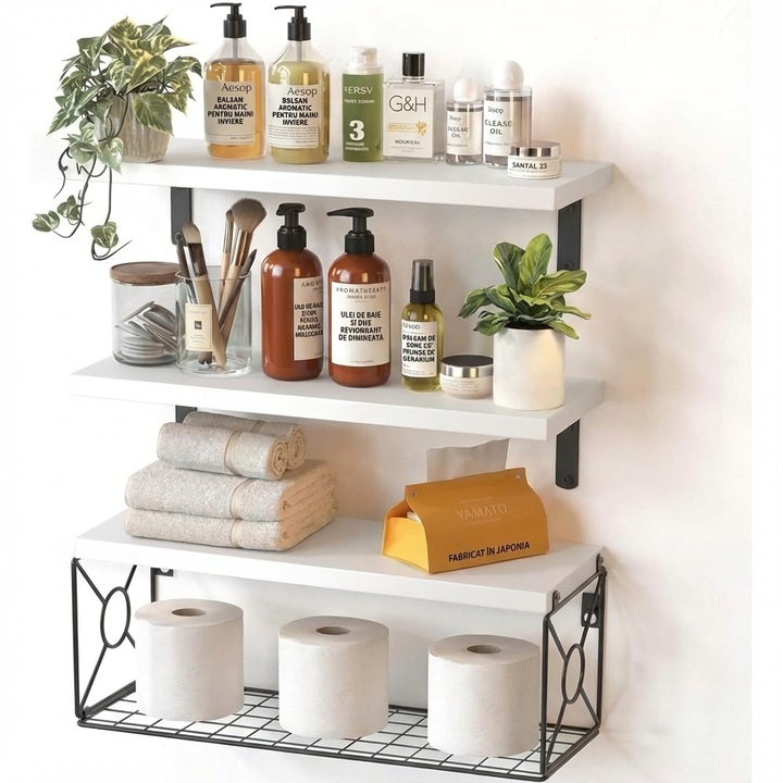 Leccik® Set de 3 Etajere de Perete cu 3 Polite si 1 Cos, Polite din Lemn Masiv de Paulownia, pentru Depozitare si Decorarea Casei, Potrivite pentru Baie / Bucatarie / Living, Alb