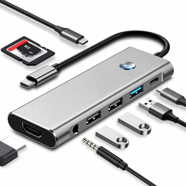 Adaptor USB-C Hub 9-in-1, 4K HDMI, 3 porturi de date USB-A + 1 USB-C, 100 W PD, dock pentru card SD/TF, adaptor audio multi-port de 3,5 mm, compatibil cu iPhone 15/16, MacBook Pro/Air, Galaxy S24, Surface, iPad