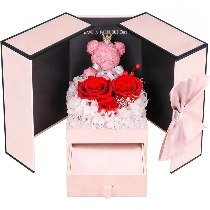 Trandafir Etern, BYONDSELF®, Cutie cadou, cu Ursulet cu Coronita si 3 Trandafiri, cu Punga Cadou, pentru Mama, Sotie, Iubita, Fata, Roz