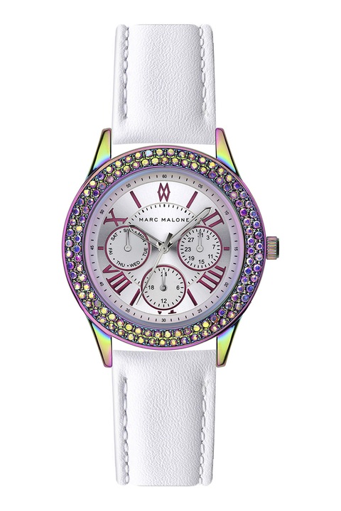 Marc Malone, Мултифункционален часовник с лого на циферблата, Бял, Розов, Тюркоаз