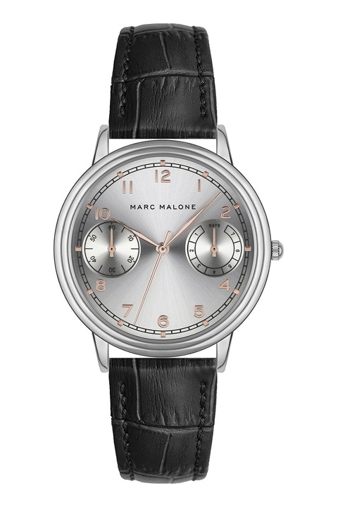 Marc Malone, Часовник с кожена каишка, Сребрист, Черен
