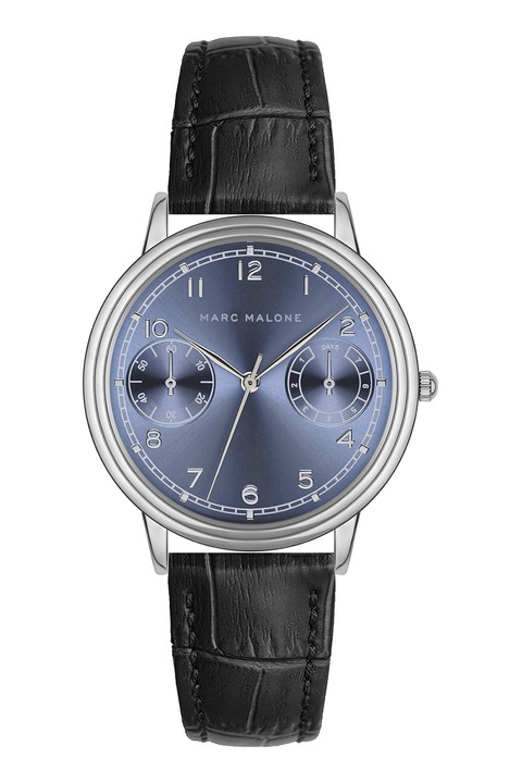 Marc Malone, Часовник с релефна кожена каишка, Сребрист, Черен