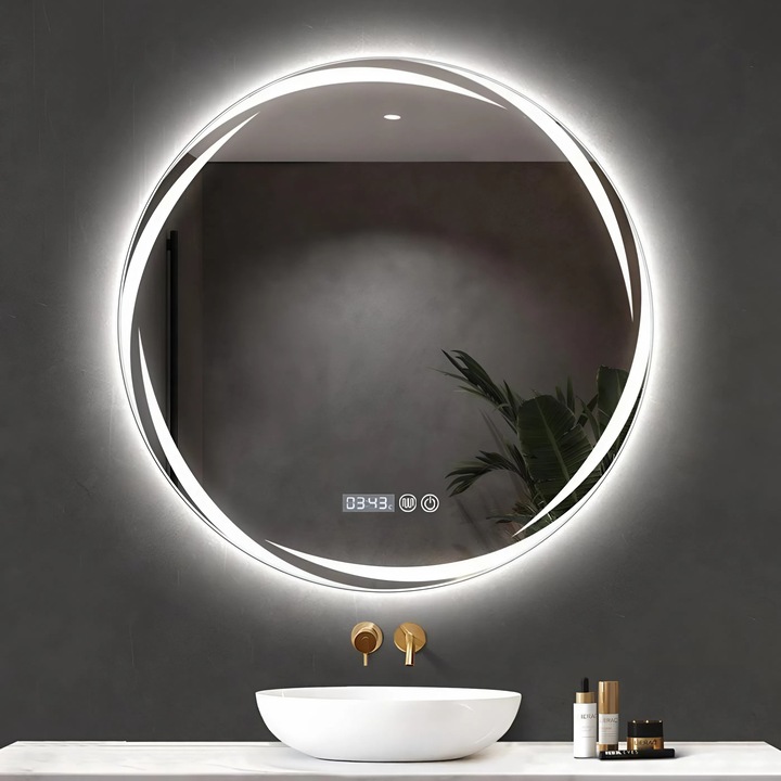 Oglinda Baie LED Rotunda 80cm, Touch Screen Cu Functie Anti Aburire, Afisaj Digital Ora Si Temperatura, Iluminare LED Reglabila Cald Neutru Rece Cu Functie Memorie, Montaj Pe Perete Cu Conectare Directa, Sticla Float HD, Design Modern, COMPANIERO