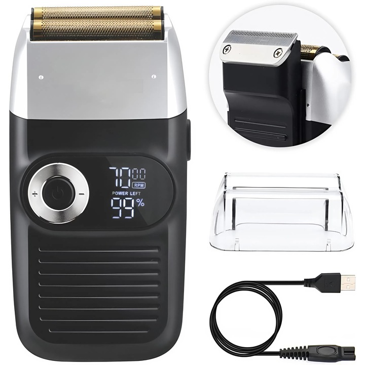 Aparat De Ras Electric Profesional 2 In 1, Afisaj LED, Viteze Reglabile, Ras Si Conturare Barba Fata Cap Corp, Lama Flotanta Din Otel Inoxidabil, Motor Puternic, Incarcare Rapida USB, Display Nivel Baterie, Pop Up Trimmer, Culoare Negru, COMPANIERO