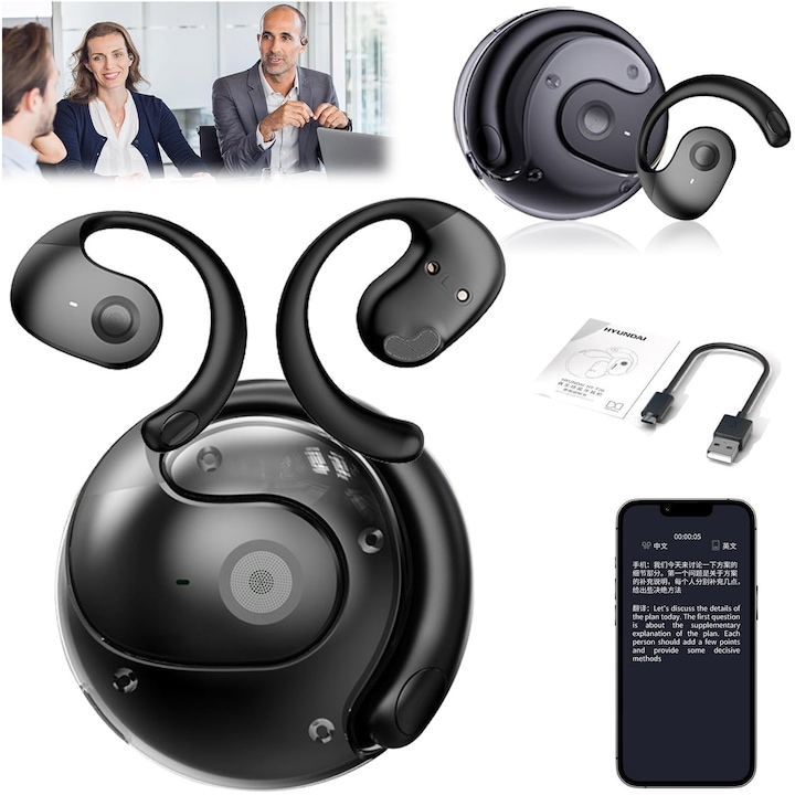 Casti de traducere inteligenta AI, traducere in timp real, procese verbale de intalnire, 144 de limbi, Bluetooth 5.4, stereo bilateral, reducere a zgomotului, iOS/Android, potrivit pentru calatorii in strainatate si munca de afaceri, OUYLAF, Negru