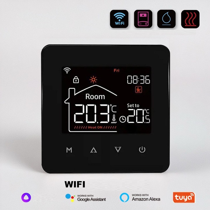 Termostat Inteligent WiFi Cu Touch Screen, Control Prin Aplicatie, Monitorizare Temperatura In Timp Real, Control Vocal Alexa Google Home Tuya, Blocare Pentru Copii, Precizie 0.5C, Programare Automata, Pentru Locuinta Birou Hotel, Negru, COMPANIERO