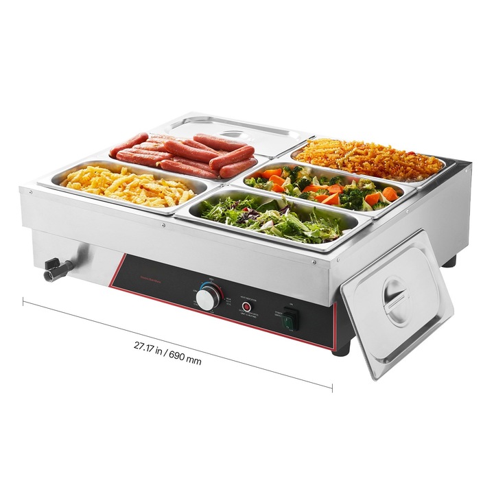 Търговски нагревател за храна, електрически настолен Bain Marie, 6 тави, 1500 W, бързо загряване, неръждаема стомана, включени капаци и захранващ кабел