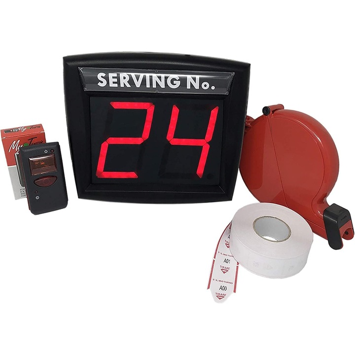 Система за управление на опашки MyTurn, с дистанционно управление и диспенсър за билети, безжична, 2 цифри, пълен комплект