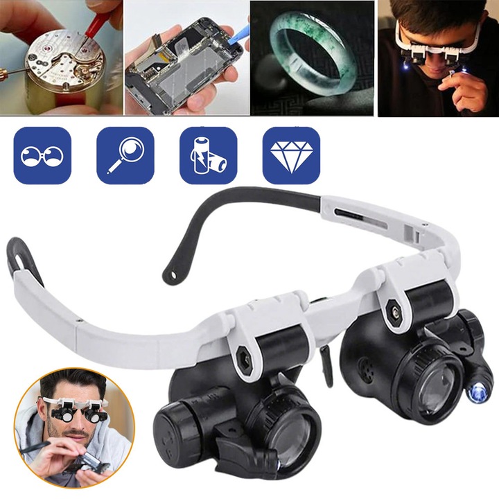 Portabila Lupa Cu Banda Pentru Cap Cu Lumini LED, Reparatii Electronice, Bijuterii, Cusut, Artizanat, Ceasuri, Ochelari De Vedere Cu Maini Libere Profesionisti 8X 15X 23X, Confortabili, Alb