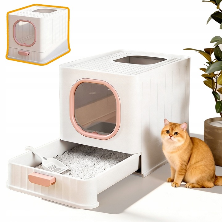 Litiera pentru pisici, acoperita, 51x38cm, cu sertar, alb/roz