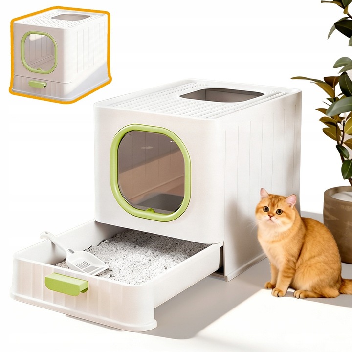 Litiere pentru pisici, inchisa, 51x38cm, alb/verde, cu sertar