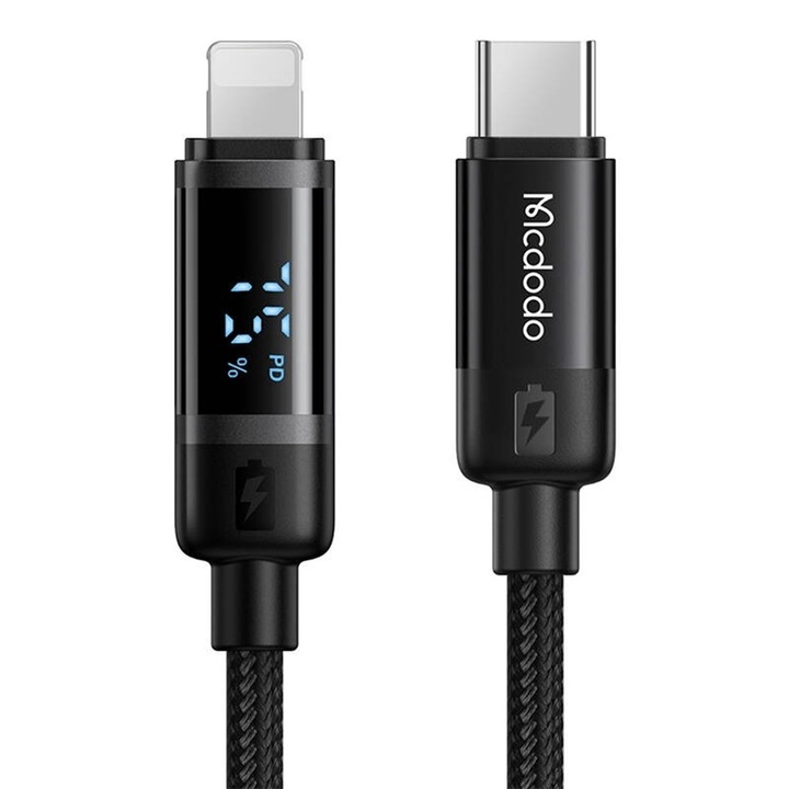 Cablu, USB-C la Lightning, 36W, Afisaj Digital, 1.2m - Mcdodo BAT Series - Negru