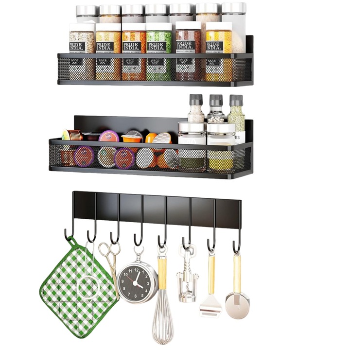 Set de 3 Rafturi Magnetice Organizatoare pentru Condimente, Bedee®, 2 rafturi si 1 suport cu 8 carlige, magneti largiti, capacitate de 11/6, 6/4, 4 lbs, Nu necesita unelte, Poate fi utilizat pe toate suprafetele magnetice din casa si bucataria dvs, Negru