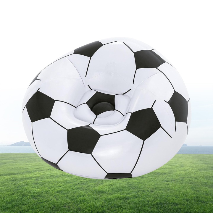 Felfújható kanapé, Bedee®, Robusztus és kényelmes, fekete-fehér futballlabda design, percek alatt felfújható és leereszthető, ideális nappalikba, hálószobákba, erkélyekre, kertekbe, medencék mellé, strandokra és piknikezéshez, PVC, 110x71cm, Fekete/Fehér