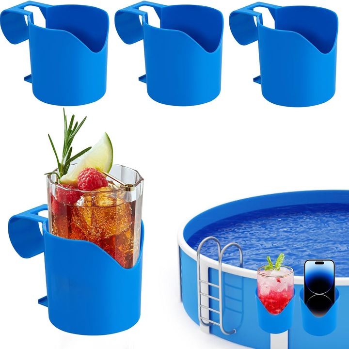 Set 4 suporturi de pahare si accesorii pentru piscina, Bedee, Rezistent la decolorare, Rezistent, evita acumularea de apa, Depozitati bauturi, chei, ochelari de soare, Ideal pentru suporturile de bauturi pentru piscine supraterane pe balustrade sau terase