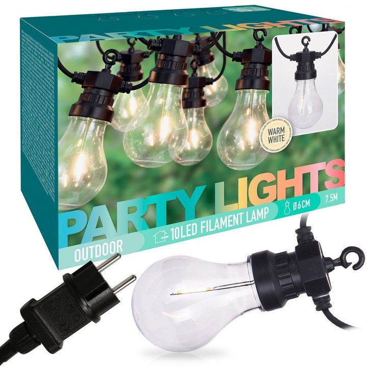 Progarden kerti LED girland, 10 darab, 7.5 Mx6 cm, hossza 7.5 M, izzó átmérője 6 cm, IP44 védelem, ABS, PVC anyag, többszínű