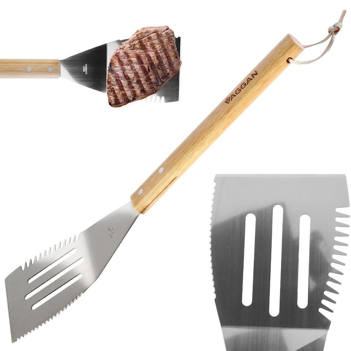 Spatula Pentru Gratar, Vaggan, 40.5x10x0.4 cm, Otel Inoxidabil, Maner Din Lemn, Echipata Cu Sfoara Pentru Suspendare, Incheiata Cu Trei Lame, Argintie