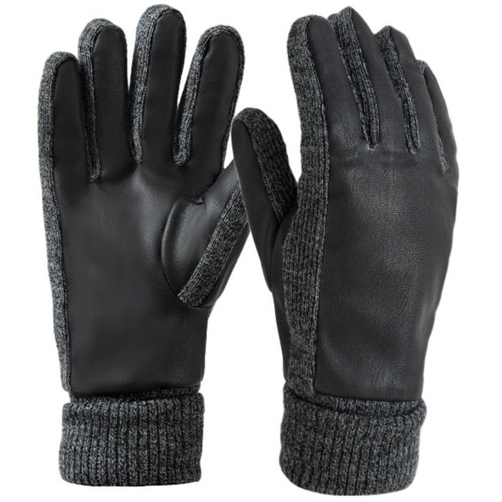 Manusi de Iarna Elegant, Marime M, Negru Mozaic, Piele Tricotat, HIPOLAR