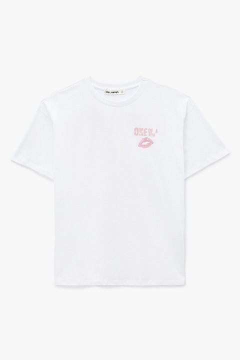 KOTON, Tricou cu imprimeu text, Alb/Roz prafuit