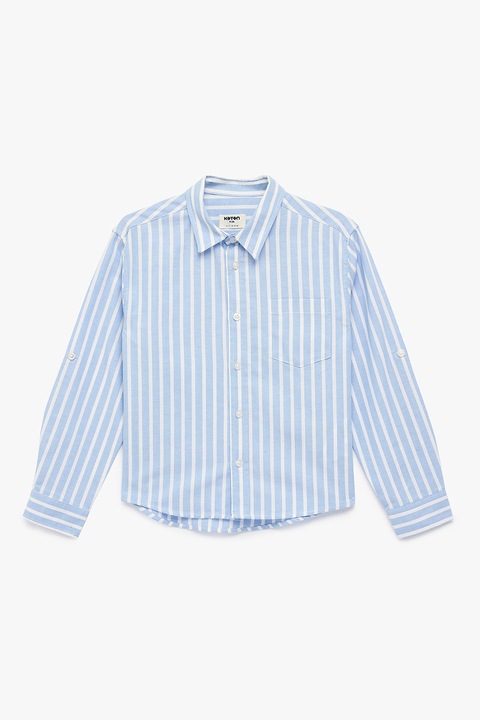 KOTON, Camasa din bumbac cu buzunar pe piept si dungi, Alb/Albastru azur