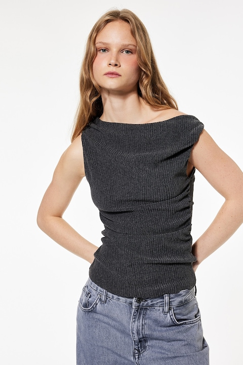 KOTON, Bluza drapata cu decolteu pe un umar, Gri antracit