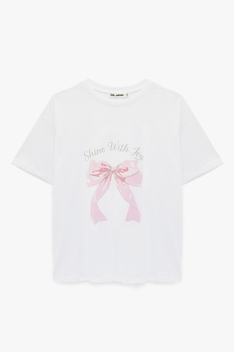 KOTON, Tricou cu decolteu la baza gatului si imprimeu grafic, Alb/Roz deschis