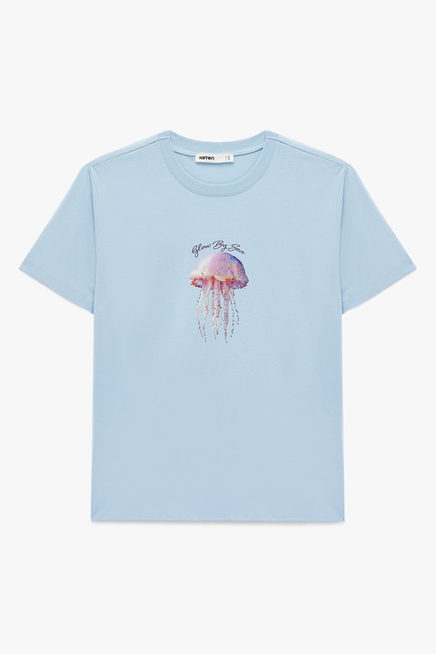 KOTON, Tricou din bumbac cu imprimeu grafic, Violet deschis/Albastru deschis