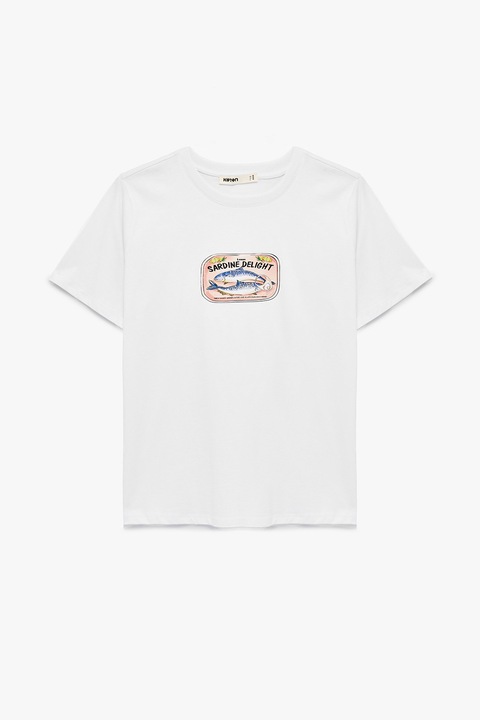 KOTON, Tricou de bumbac cu model grafic, Alb optic