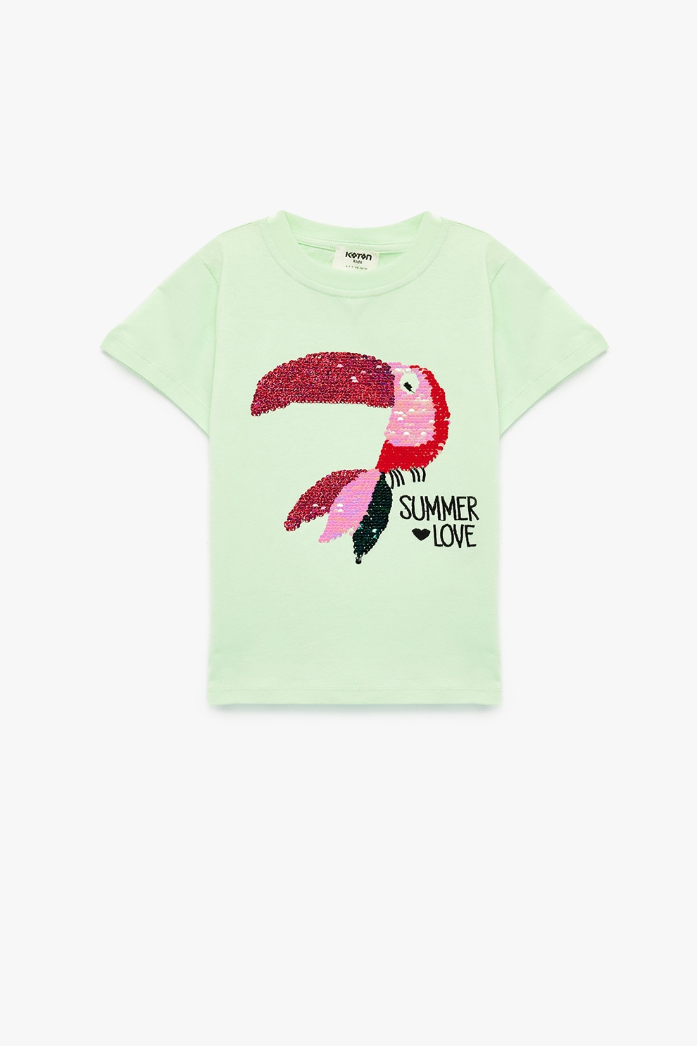 KOTON, Tricou de bumbac cu model toucan cu paiete, Roz deschis, Verde pal, 134-140 CM