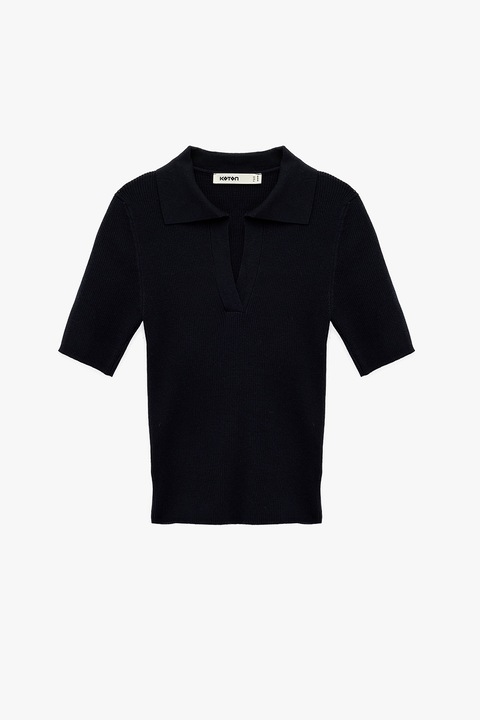 KOTON, Pulover slim fit tricotat cu maneci medii, Albastru inchis