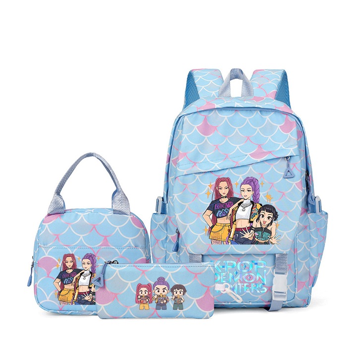 Set ghiozdan cu rucsac, geanta de pranz si penar, model Stitch, roz, 43x29x15cm