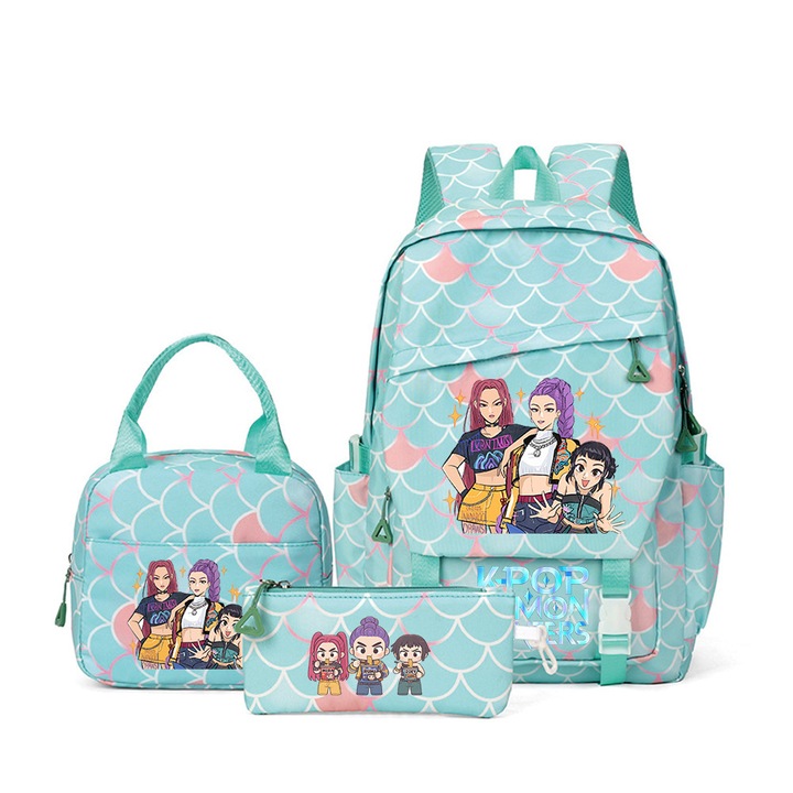 Set ghiozdan cu rucsac, geanta de pranz si etui pentru creioane, model Stitch, roz, 43x29x15cm