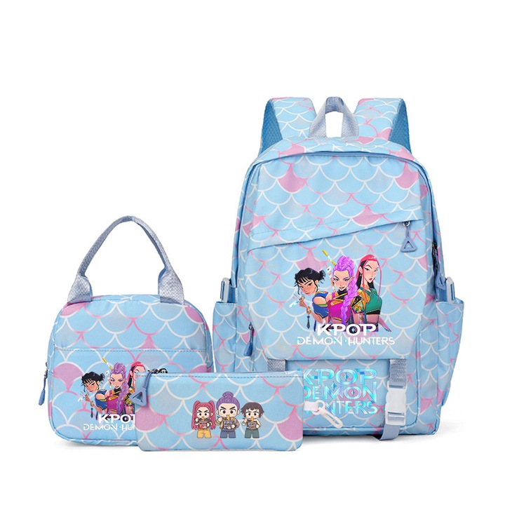 Set ghiozdan cu rucsac, geanta de pranz si etui pentru creioane, model Stitch, roz, 43x29x15cm