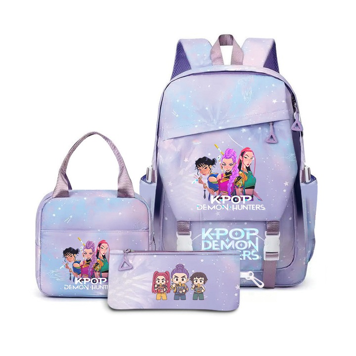 Set ghiozdan cu rucsac, geanta de pranz si etui pentru creioane, model Stitch, roz, 43x29x15cm