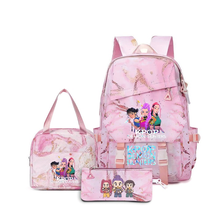 Set ghiozdan cu rucsac, geanta de pranz si etui pentru creioane, roz cu Stitch, 43x29x15cm