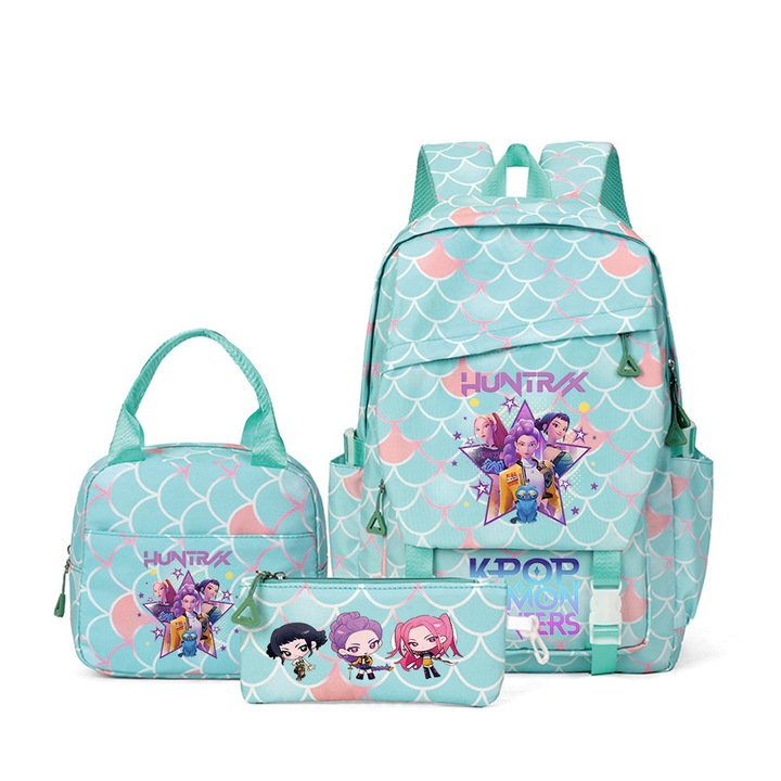 Set ghiozdan cu rucsac, geanta de pranz si etui pentru creioane, model Stitch, roz, 43x29x15cm